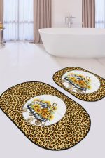 - RealHomes - Realhomes  Sarı Zebra Desenli 2'li Oval Kaymaz Tabanlı Banyo Paspas Takımı & Mutfak Paspas Seti Realhomes