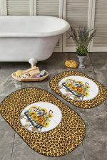 - RealHomes - Realhomes  Sarı Zebra Desenli 2'li Oval Kaymaz Tabanlı Banyo Paspas Takımı & Mutfak Paspas Seti Realhomes