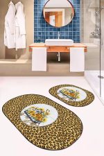 - RealHomes - Realhomes  Sarı Zebra Desenli 2'li Oval Kaymaz Tabanlı Banyo Paspas Takımı & Mutfak Paspas Seti Realhomes