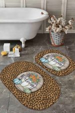 - RealHomes - Realhomes  Zebra Motifli Welcome Temalı 2'li Oval Kaymaz Tabanlı Banyo Halısı Seti & Klozet Paspas Takımı Realhomes