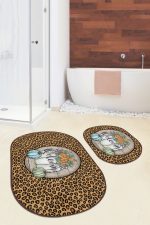 - RealHomes - Realhomes  Zebra Motifli Welcome Temalı 2'li Oval Kaymaz Tabanlı Banyo Halısı Seti & Klozet Paspas Takımı Realhomes