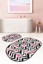 - RealHomes - Realhomes  Zigzag Zemin Gül Flamingo Motifli 2'li Oval Kaymaz Tabanlı Banyo & Mutfak Paspas Takımı Realhomes