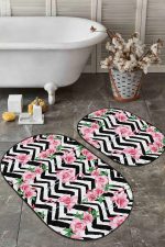 - RealHomes - Realhomes  Zigzag Zemin Gül Flamingo Motifli 2'li Oval Kaymaz Tabanlı Banyo & Mutfak Paspas Takımı Realhomes