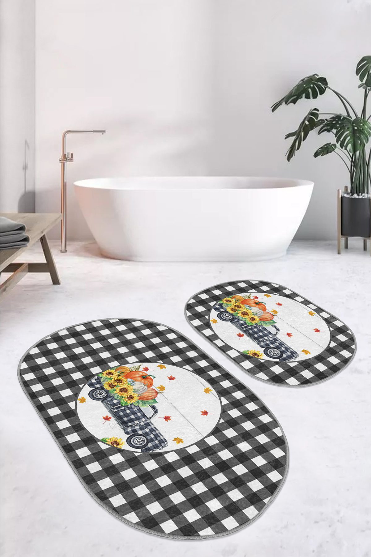 Siyah Ekose Kabak Motifli 2'li Oval Kaymaz Tabanlı Mutfak Paspas Seti & Banyo Klozet Paspas Seti Realhomes