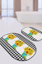 - RealHomes - Realhomes  Siyah Ekose Ayçiçeği Motifli 2'li Oval Kaymaz Tabanlı Mutfak Paspas Takımı & Banyo Halısı Seti Realhomes