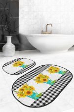 - RealHomes - Realhomes  Siyah Ekose Ayçiçeği Motifli 2'li Oval Kaymaz Tabanlı Mutfak Paspas Takımı & Banyo Halısı Seti Realhomes