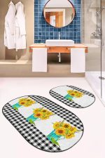 - RealHomes - Realhomes  Siyah Ekose Ayçiçeği Motifli 2'li Oval Kaymaz Tabanlı Mutfak Paspas Takımı & Banyo Halısı Seti Realhomes