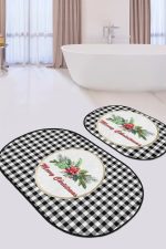 - RealHomes - Realhomes  Siyah Ekose Mery Christmas Motifli 2'li Oval Banyo Paspas Takımı & Klozet Paspas Takımı Realhomes