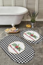 - RealHomes - Realhomes  Siyah Ekose Mery Christmas Motifli 2'li Oval Banyo Paspas Takımı & Klozet Paspas Takımı Realhomes