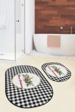 - RealHomes - Realhomes  Siyah Ekose Mery Christmas Motifli 2'li Oval Banyo Paspas Takımı & Klozet Paspas Takımı Realhomes