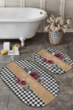 - RealHomes - Realhomes  Siyah Ekose Mery Christmas Tasarımlı 2'li Oval Mutfak Paspas Seti & Banyo Halısı Takımı Realhomes