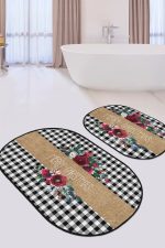 - RealHomes - Realhomes  Siyah Ekose Mery Christmas Tasarımlı 2'li Oval Mutfak Paspas Seti & Banyo Halısı Takımı Realhomes