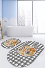 - RealHomes - Realhomes  Gri Ekose Motifli Kabak Tasarımlı 2'li Oval Banyo Halısı Seti & Klozet Paspas Takımı Realhomes