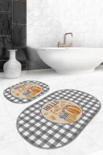 - RealHomes - Realhomes  Gri Ekose Motifli Kabak Tasarımlı 2'li Oval Banyo Halısı Seti & Klozet Paspas Takımı Realhomes