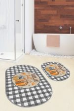 - RealHomes - Realhomes  Gri Ekose Motifli Kabak Tasarımlı 2'li Oval Banyo Halısı Seti & Klozet Paspas Takımı Realhomes