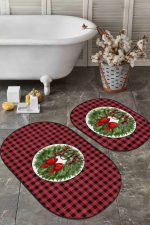 - RealHomes - Realhomes  Kırmızı Ekose Motifli Yılbaşı Temalı 2'li Oval Mutfak Paspas Takımı & Banyo Halısı Seti Realhomes