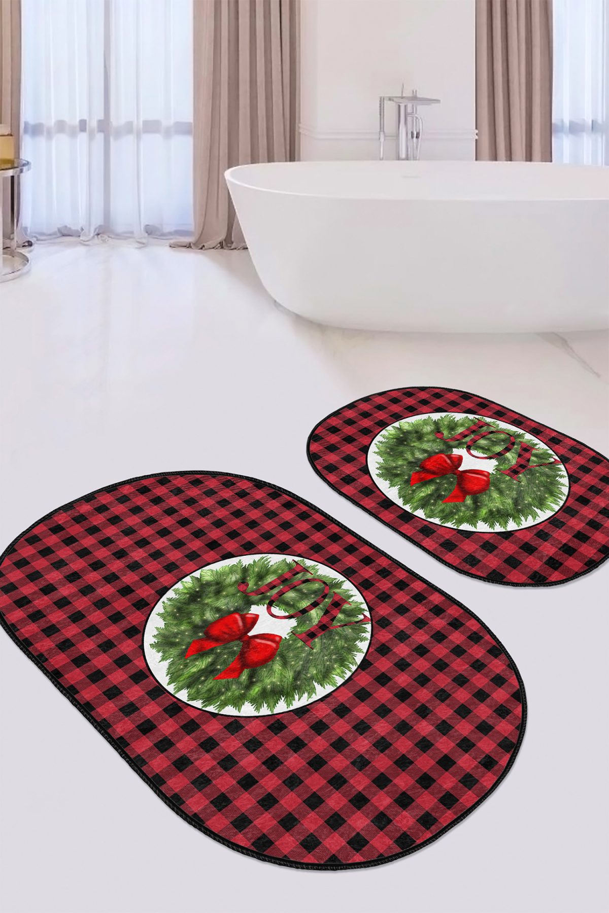 Kırmızı Ekose Motifli Yılbaşı Temalı 2'li Oval Mutfak Paspas Takımı & Banyo Halısı Seti Realhomes