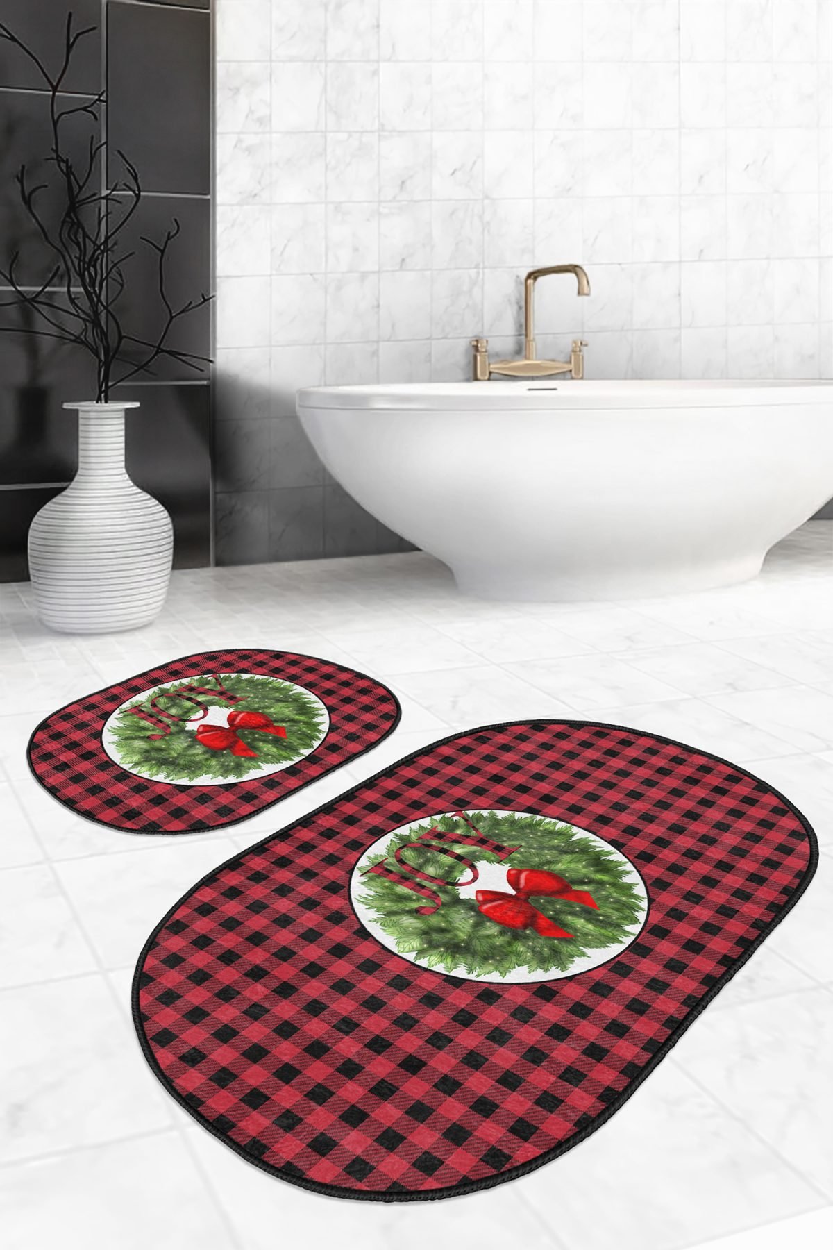 Kırmızı Ekose Motifli Yılbaşı Temalı 2'li Oval Mutfak Paspas Takımı & Banyo Halısı Seti Realhomes