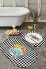 - RealHomes - Realhomes  Siyah Ekose Kabaklı Araba Tasarımlı 2'li Oval Mutfak Halısı Seti & Banyo Paspas Takımı Realhomes