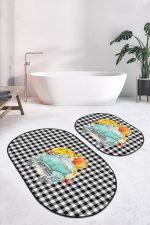 - RealHomes - Realhomes  Siyah Ekose Kabaklı Araba Tasarımlı 2'li Oval Mutfak Halısı Seti & Banyo Paspas Takımı Realhomes