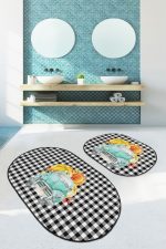 - RealHomes - Realhomes  Siyah Ekose Kabaklı Araba Tasarımlı 2'li Oval Mutfak Halısı Seti & Banyo Paspas Takımı Realhomes