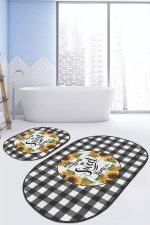 - RealHomes - Realhomes  Siyah Ekose Home Sweet Home Temalı 2'li Oval Mutfak Paspas Seti & Banyo Paspas Takımı Realhomes