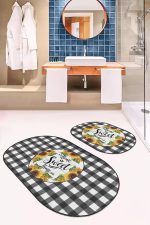 - RealHomes - Realhomes  Siyah Ekose Home Sweet Home Temalı 2'li Oval Mutfak Paspas Seti & Banyo Paspas Takımı Realhomes