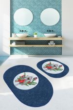 - RealHomes - Realhomes  Lacivert Zeminli Kuş Tasarımlı 2'li Oval Kaymaz Tabanlı Mutfak Paspas Takımı & Banyo Halısı Seti Realhomes