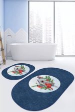 - RealHomes - Realhomes  Lacivert Zeminli Kuş Tasarımlı 2'li Oval Kaymaz Tabanlı Mutfak Paspas Takımı & Banyo Halısı Seti Realhomes