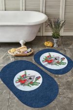 - RealHomes - Realhomes  Lacivert Zeminli Kuş Tasarımlı 2'li Oval Kaymaz Tabanlı Mutfak Paspas Takımı & Banyo Halısı Seti Realhomes