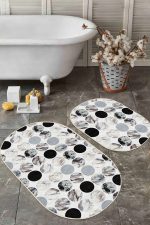 - RealHomes - Realhomes  Oval Mermer Motifleri Dijital Baskılı 2'li Oval Kaymaz Tabanlı Banyo & Mutfak Paspas Takımı Realhomes