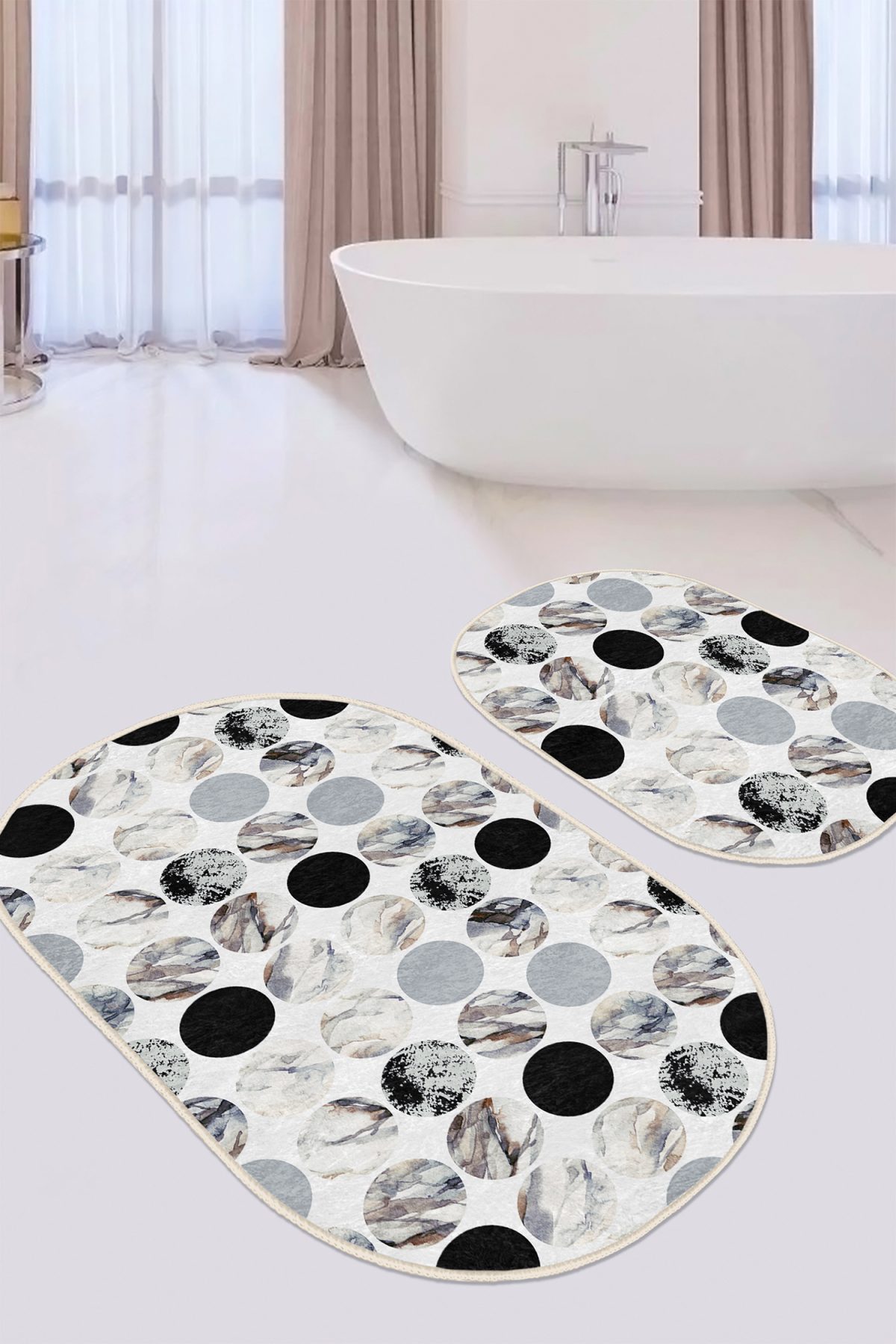 Oval Mermer Motifleri Dijital Baskılı 2'li Oval Kaymaz Tabanlı Banyo & Mutfak Paspas Takımı Realhomes