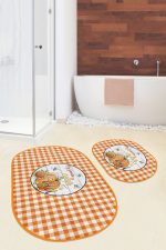 - RealHomes - Realhomes  Turuncu Ekoseli Kabak Motifli 2'li Oval Kaymaz Tabanlı Mutfak Halısı Seti & Banyo Paspas Takımı Realhomes
