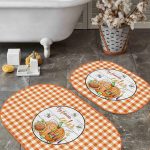 Mery Christmas Temalı Ekose Zeminli Özel Tasarım 2'li Oval Kaymaz Tabanlı Banyo & Mutfak Paspas Takımı Realhomes