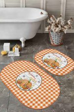 - RealHomes - Realhomes  Turuncu Ekoseli Kabak Motifli 2'li Oval Kaymaz Tabanlı Mutfak Halısı Seti & Banyo Paspas Takımı Realhomes