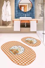 - RealHomes - Realhomes  Turuncu Ekoseli Kabak Motifli 2'li Oval Kaymaz Tabanlı Mutfak Halısı Seti & Banyo Paspas Takımı Realhomes