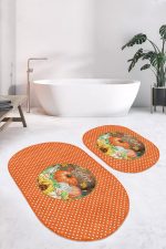 - RealHomes - Realhomes  Turuncu Puantiyeli Kabak Tasarımlı 2'li Oval Banyo Halısı Seti & Banyo Paspas Takımı Realhomes