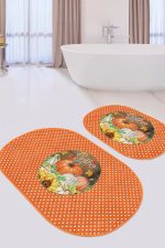 - RealHomes - Realhomes  Turuncu Puantiyeli Kabak Tasarımlı 2'li Oval Banyo Halısı Seti & Banyo Paspas Takımı Realhomes