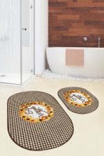 - RealHomes - Realhomes  Kahve Ekose Motifli Kabak Temalı 2'li Oval Kaymaz Tabanlı Banyo Paspas Takımı & Klozet Paspas Seti Realhomes