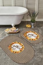 - RealHomes - Realhomes  Kahve Ekose Motifli Kabak Temalı 2'li Oval Kaymaz Tabanlı Banyo Paspas Takımı & Klozet Paspas Seti Realhomes