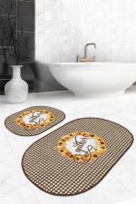 - RealHomes - Realhomes  Kahve Ekose Motifli Kabak Temalı 2'li Oval Kaymaz Tabanlı Banyo Paspas Takımı & Klozet Paspas Seti Realhomes