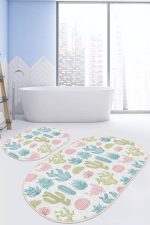 - RealHomes - Realhomes  Renkli Kaktüsler Özel Tasarımlı 2'li Oval Kaymaz Tabanlı Banyo & Mutfak Paspas Takımı Realhomes