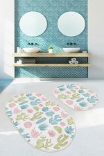 - RealHomes - Realhomes  Renkli Kaktüsler Özel Tasarımlı 2'li Oval Kaymaz Tabanlı Banyo & Mutfak Paspas Takımı Realhomes