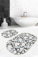 - RealHomes - Realhomes  Geometrik Çizgili Dijital Baskılı 2'li Oval Kaymaz Tabanlı Banyo & Mutfak Paspas Takımı Realhomes