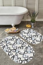 - RealHomes - Realhomes  Geometrik Çizgili Dijital Baskılı 2'li Oval Kaymaz Tabanlı Banyo & Mutfak Paspas Takımı Realhomes