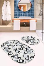 - RealHomes - Realhomes  Geometrik Çizgili Dijital Baskılı 2'li Oval Kaymaz Tabanlı Banyo & Mutfak Paspas Takımı Realhomes