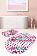 - RealHomes - Realhomes  Renkli Tropik Yaprak Zigzag Motifli 2'li Oval Kaymaz Tabanlı Banyo & Mutfak Paspas Takımı Realhomes