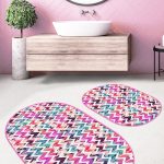Pastel Renkli Yaprak Desenli Özel Tasarım 2'li Oval Kaymaz Tabanlı Banyo & Mutfak Paspas Takımı Realhomes