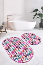 - RealHomes - Realhomes  Renkli Tropik Yaprak Zigzag Motifli 2'li Oval Kaymaz Tabanlı Banyo & Mutfak Paspas Takımı Realhomes