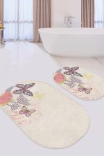 - RealHomes - Realhomes  Krem Zemin Kelebek Motifli 2'li Oval Kaymaz Tabanlı Banyo & Mutfak Paspas Takımı Realhomes